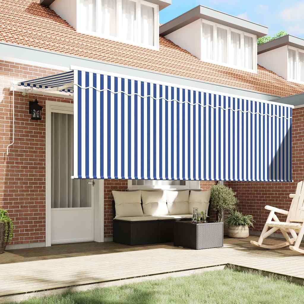 Wysuwana markiza niebiesko-biała, 400 x 200 cm, z aluminiową ramą, odporna na promieniowanie UV, ręczna obsługa, odporna na warunki atmosferyczne, idealna na balkon, taras, do ogrodu