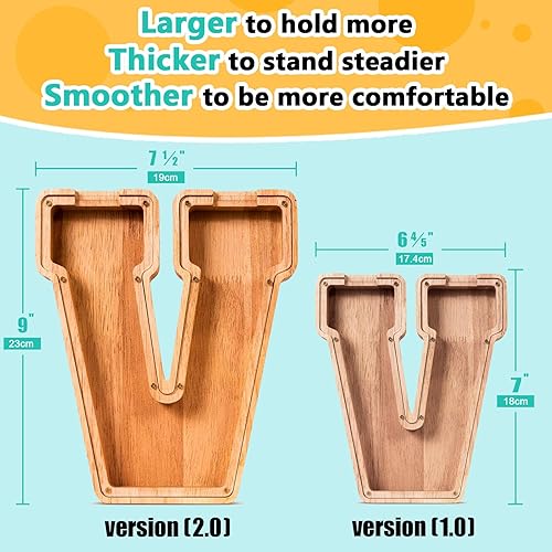 Miniatura 55 de SummiDate Alcancía de madera con nombre, niños y niñas, tamaño grande, letras alfabeto A-Z, monedas y billetes, inicial en cubierta transparente