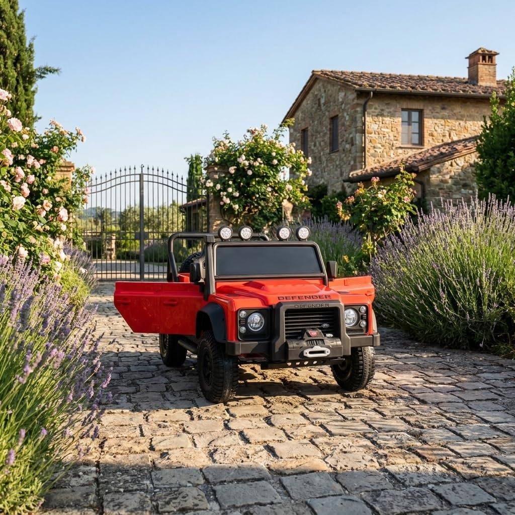 Elektryczny samochód dla dzieci Land Rover Defender 110 SVX 12V, czerwony, 4X4 skrzynia biegów, reflektory LED, zawieszenie przednie i tylne, pilot 2,4 GHz, wejście USB/Aux, Bluetooth, bateria litowa