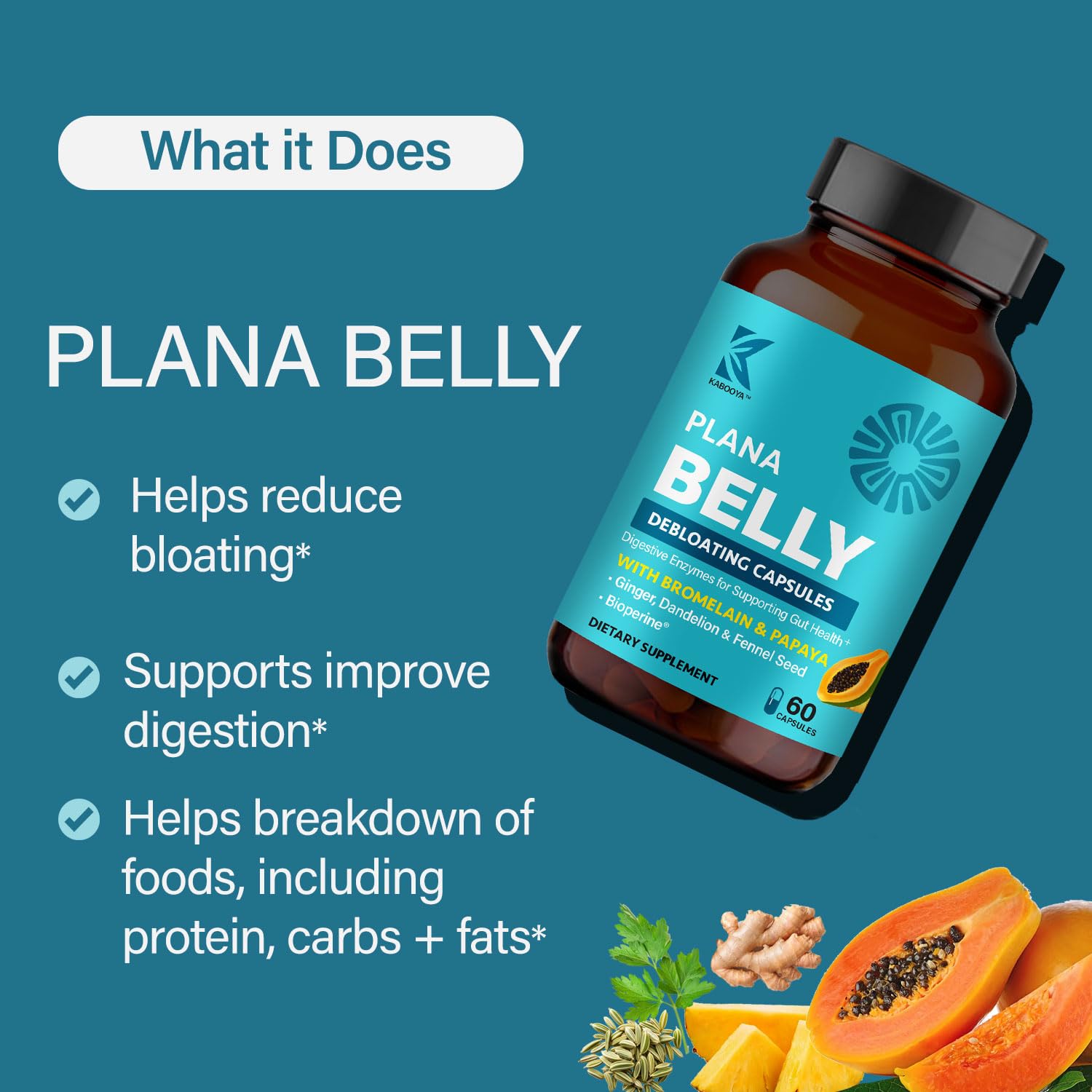 Plana Belly Debloating Supplement – Digestive Enzymes for Bloating & Gas Relief with Bromelain, Ginger, Fennel & Dandelion Root – Gut Health Support for Women & Men – 60 Capsules - Image 2