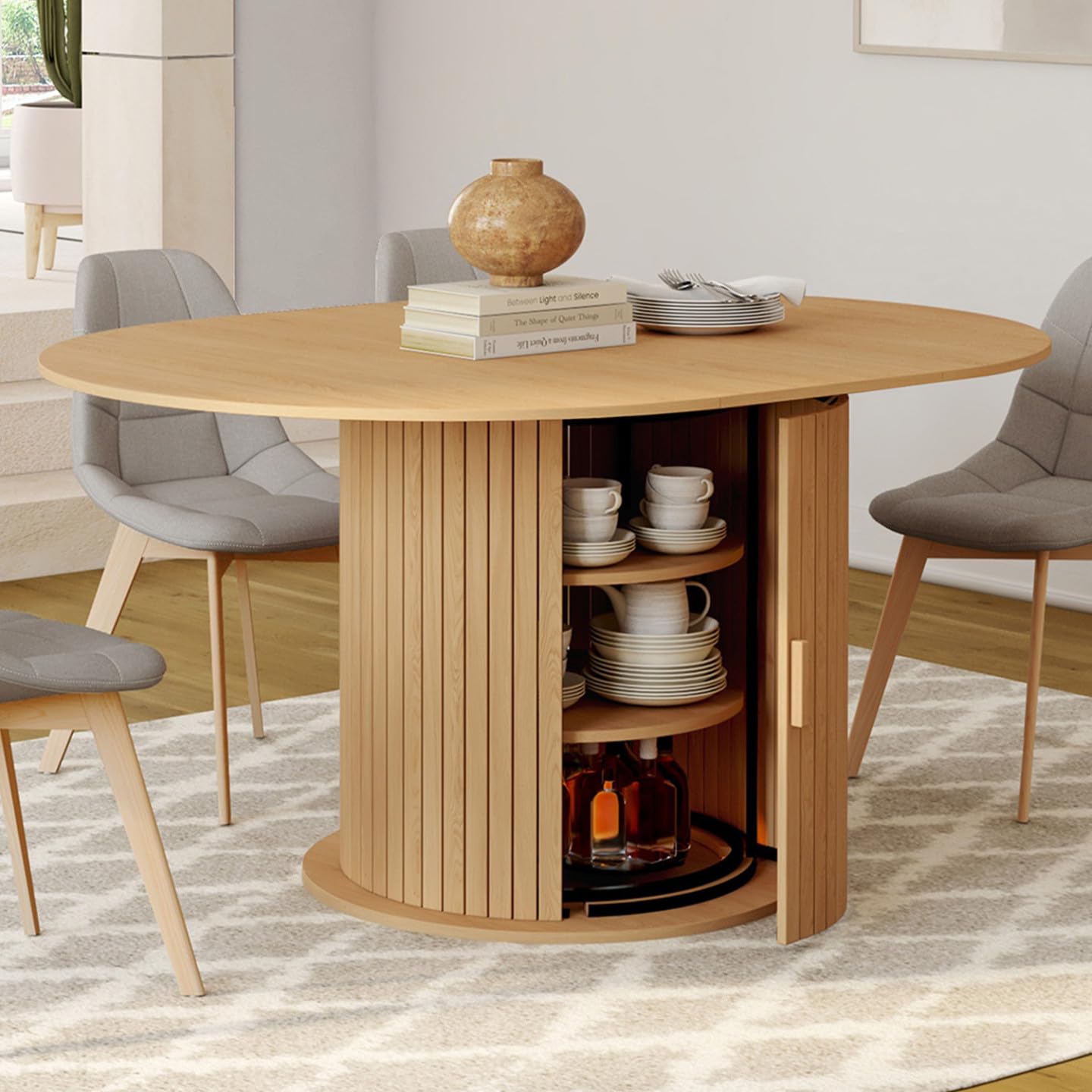 IDMarket - JULIETTE Tavolo da pranzo rotondo allungabile per 4-8 persone con gambe a doghe e contenitore 110-150 cm