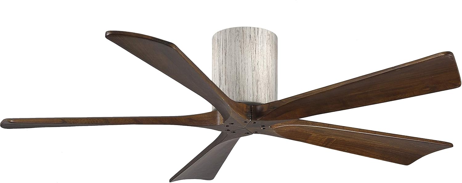 Matthews IR5H-BW-WA-52 Irene Damp Rated 52" Flush Mount Ceiling Fan with Remote & Wall Control, Silent DC Motor, 5 Walnut Tone Solid Wood Blades, Barn Wood Tone