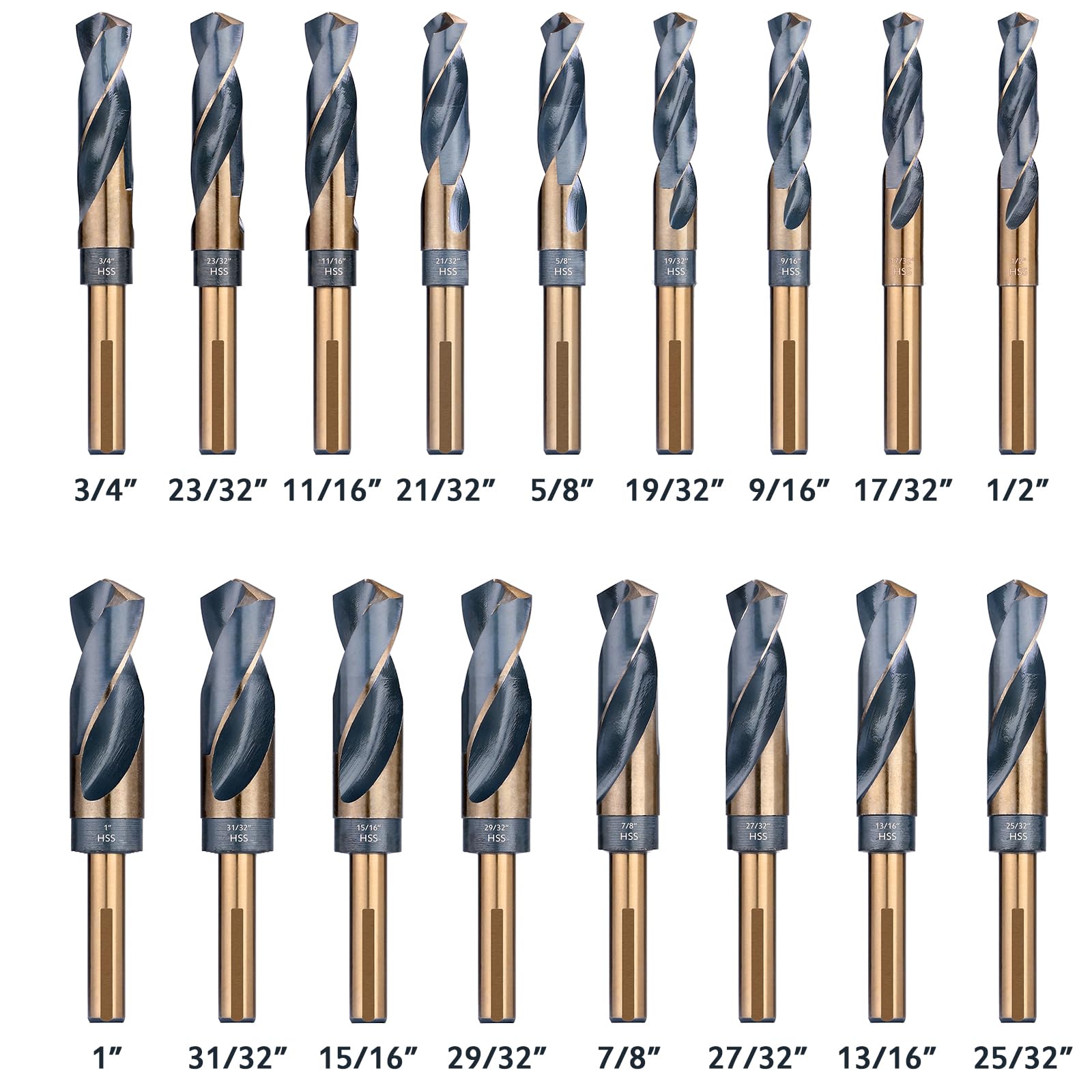 EFFICERE Juego de 17 brocas premium de vástago reducido de 1/2 pulgada y Deming | Tamaño de taladro SAE estándar grande y jumbo de 1/2 pulgada a 1 pulgada por 1/32 de incremento | Acero M2 de alta
