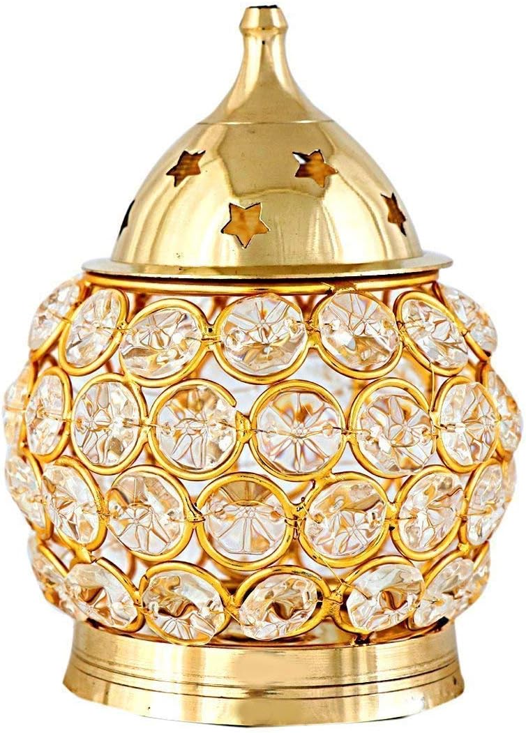 Akhand Diya Brass Oval Shaped Crystal Oil Lamp Tea Light Holder, (3-inch, Gold)