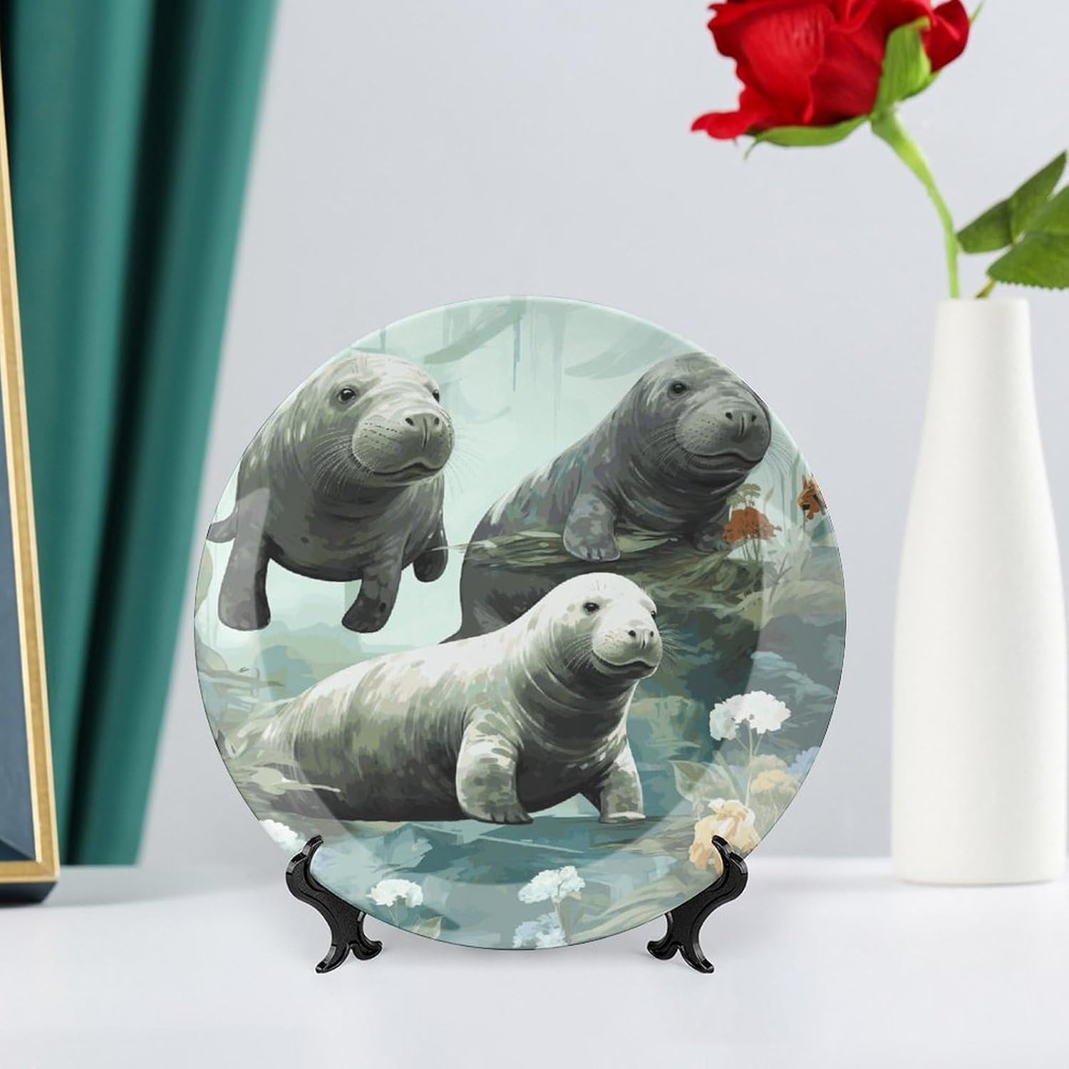Rabbits Manatees Decorative Plates for Display Round Porcelain Plate Living Room Table Ceramic Hanging Decorative Plate Art Decor for Living Room Table with 1 Display Stand 8inch