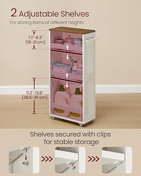 VASAGLE 4-Tier Slim Storage Trolley, on Wheels, Handle, 20 x 40 x 86.5 cm