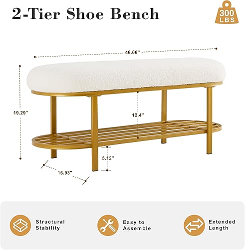 Miniatura 24 de Banco de almacenamiento de zapatos de 46 pulgadas con cojín, banco de entrada de 2 niveles, patas de metal moderno, zapatero con estante para