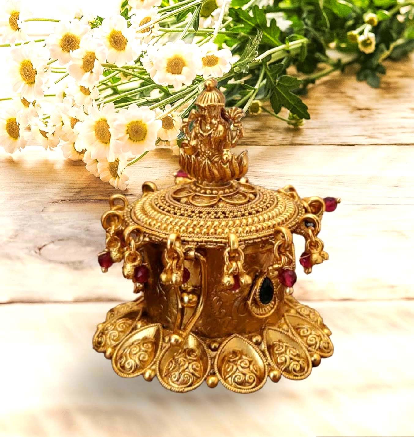 Denique Brass Sindoor Box Gold Plated Sidoor Pot Gold sindoor Dani/Wedding Gift/Pooja Accessory/Kumkum Dabbi,(OM) Laxmi Kempu StoneLatkan 1