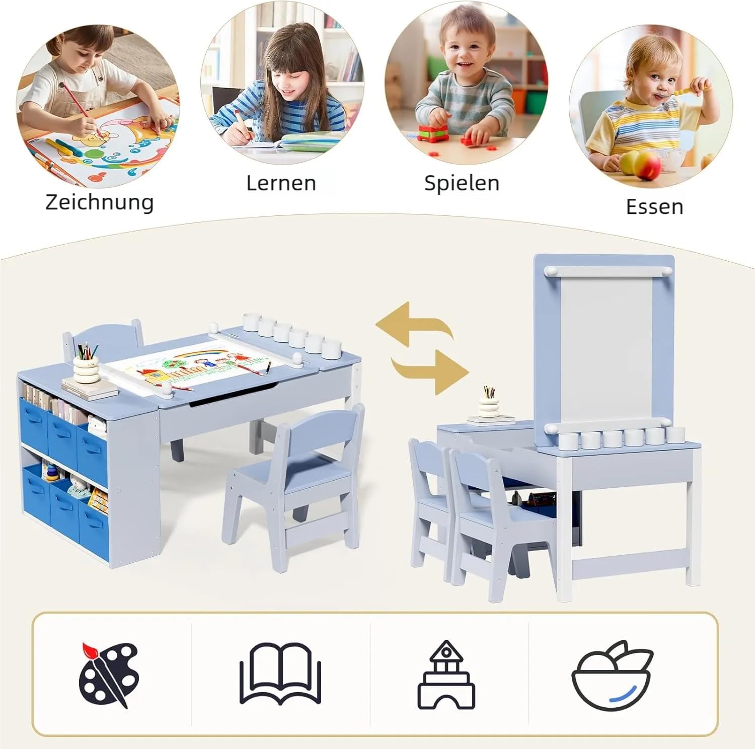 Clevich Kindertisch mit 2 Stühlen, Tisch-Stuhl Set Holz, Kindersitzgruppe mit Stauraum, Maltisch mit Papierrolle, Mal und Basteltisch für ab 3 Jahre (Blau)