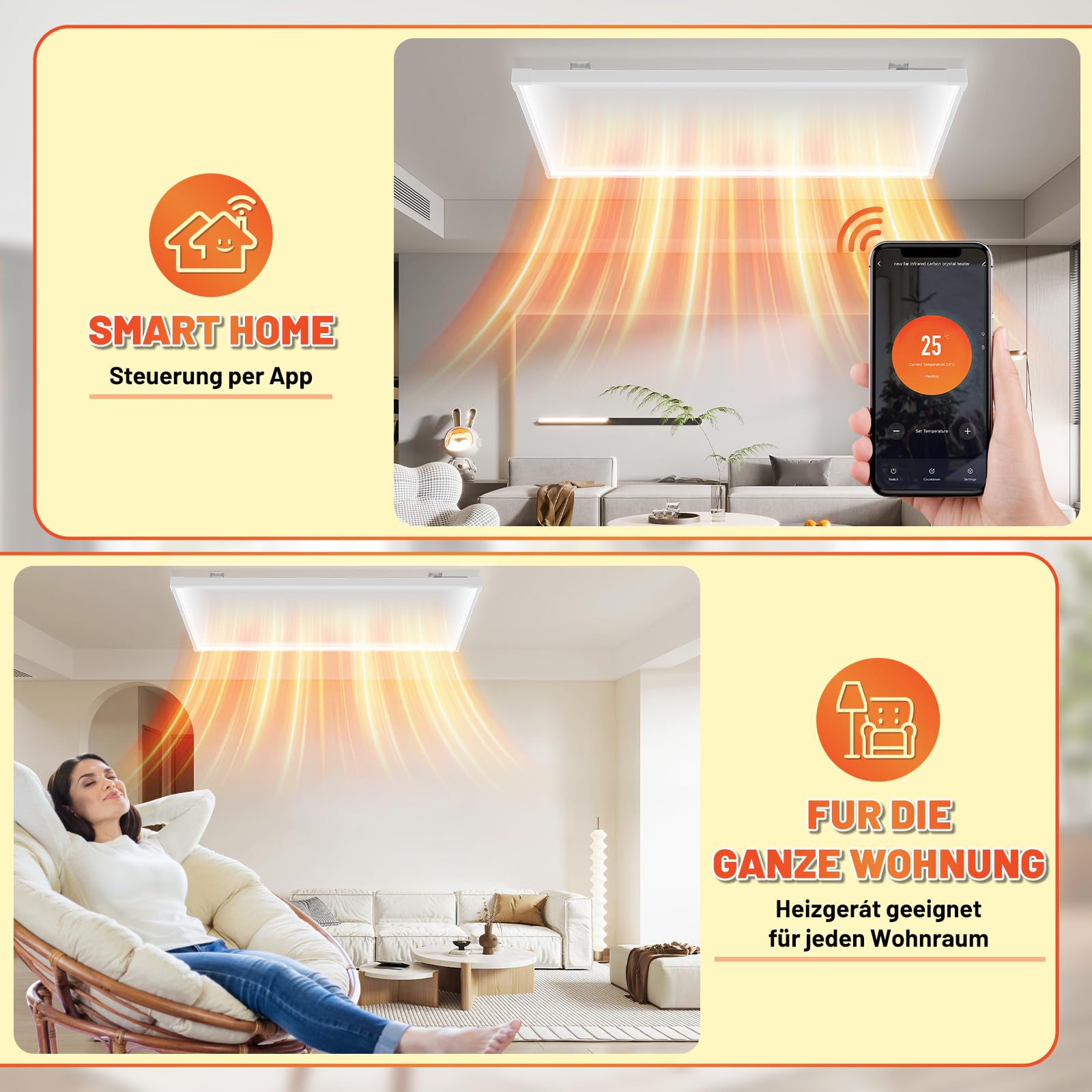 Calefacción por infrarrojos 770 W, luz LED de techo, wifi/app