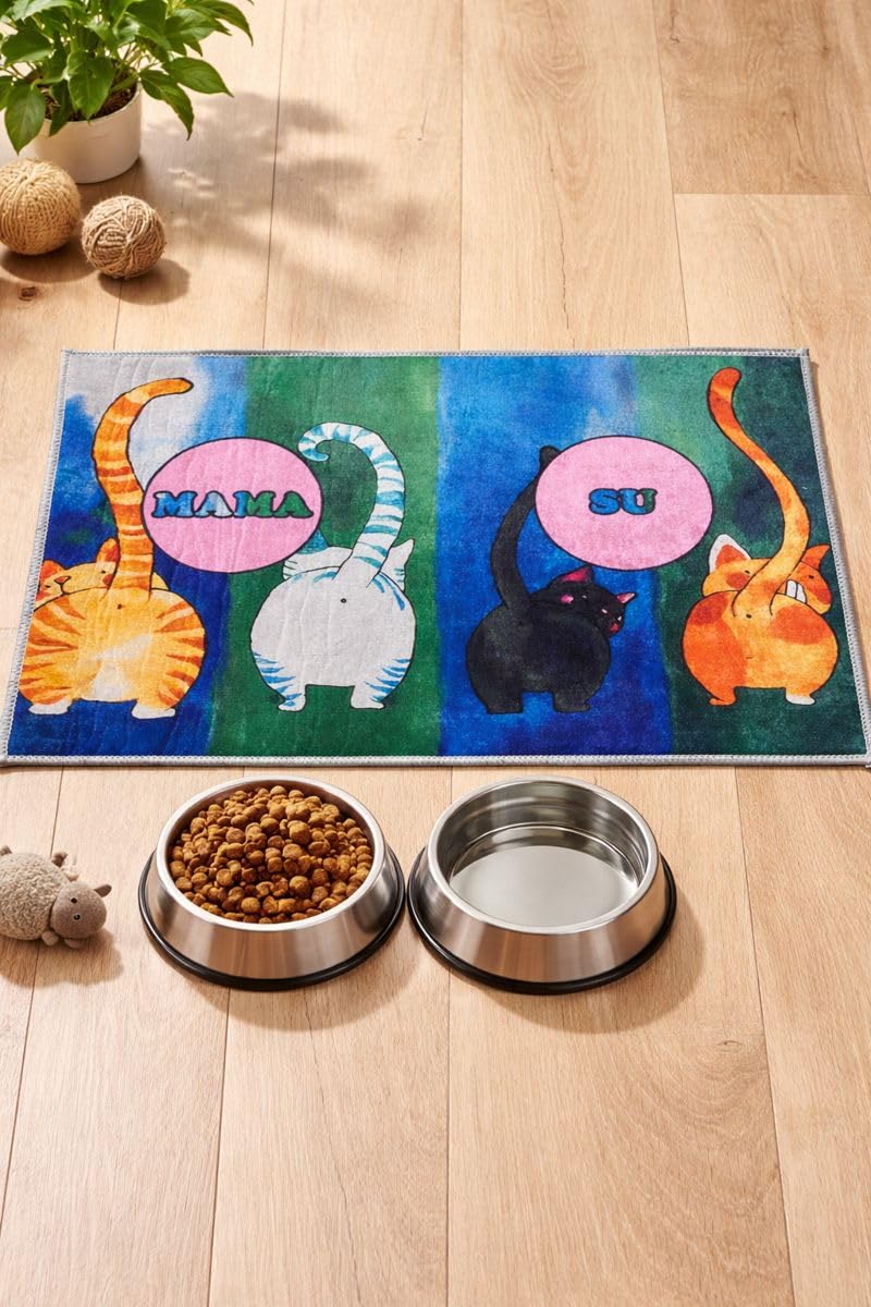 Renkli Kedi Mama Matı; Kedi Servis Altlığı, Mama Kabı Paspası, Su Oyun Matı, Kaymaz Taban