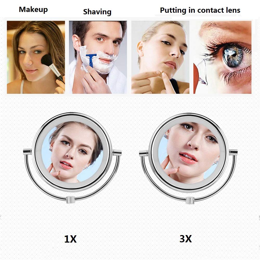 SHAUNI Espejos De Maquillaje De Encimera, Luces LED De Doble Cara De 8.5 Pulgadas Espejo De Aumento Cosmético De Pie Dorado Ajustable De Latón con Enchufe E Interruptor,3X