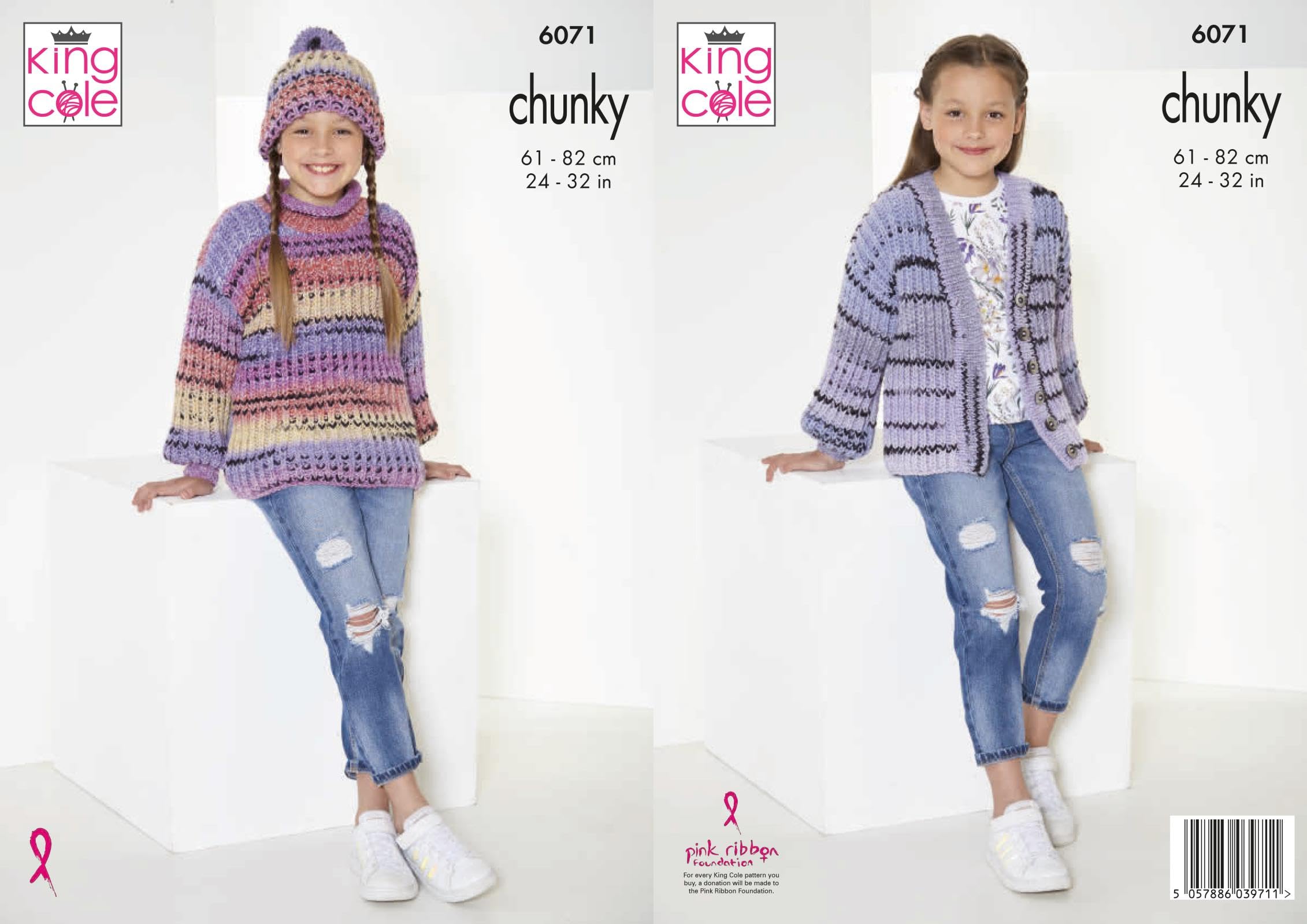 King Cole Chunky Knitting Pattern - 6071 Sweater, Cardigan & Hat