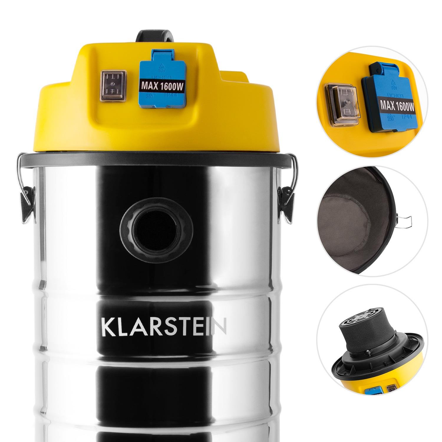 Klarstein Clean Room - Aspirador En Húmedo, Aspirador En Seco, Aspirador Industrial, 1400 W, Depósito De Acero Inoxidable De 30L, Desconexión De Protección, Clase De Protección IP44, Amarillo Plateado
