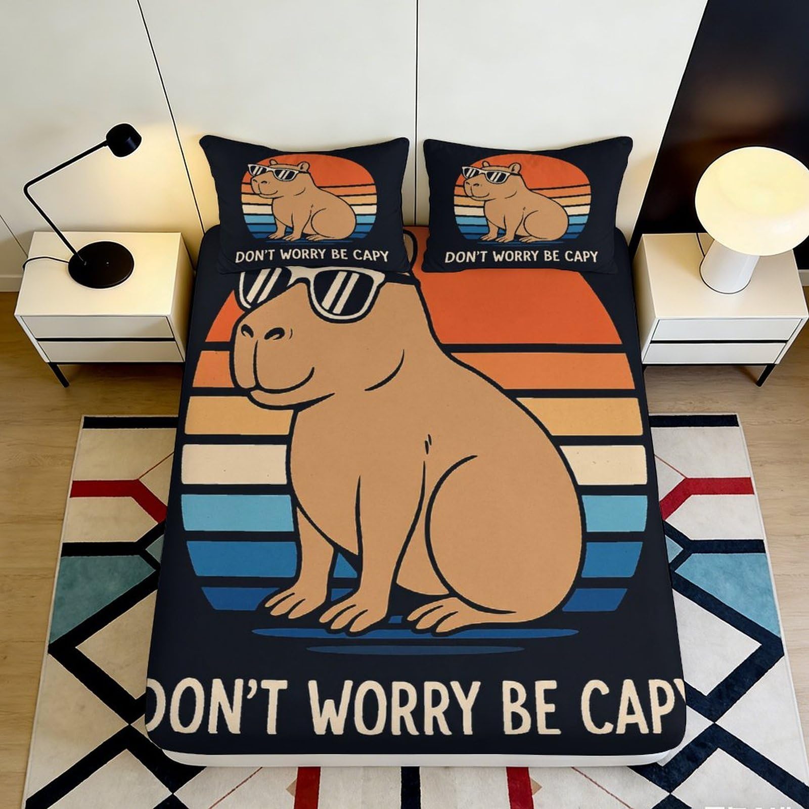 3D Printed Cool Capybara Fitted Sheet Microfiber Soft Durable Retro Sunset Bed Cover for Bedroom Dormitory Guest Room Mattress Protection 140x200x25cm