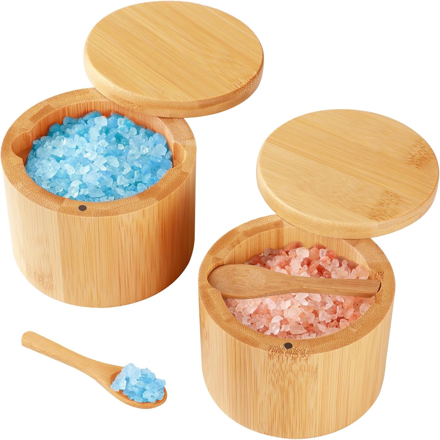 Bamboo Salt Cellar with Magnetic Swivel Lid, 2 Pack Round Salt Box Container with Built-in Spoon, Kitchen Storage Jar for Sea Salt, Pepper, Spices