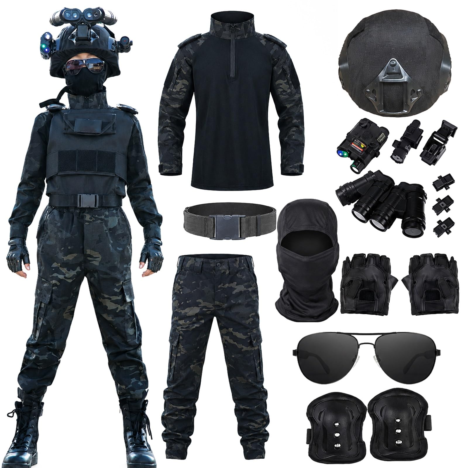 Costume Militare Bambino 100% Cotone, Maglia e Pantaloni Mimetici | Allenamento Outdoor con Casco, Cintura e Protezioni for Giochi di Ruolo, Recite Scolastiche e Feste in Maschera