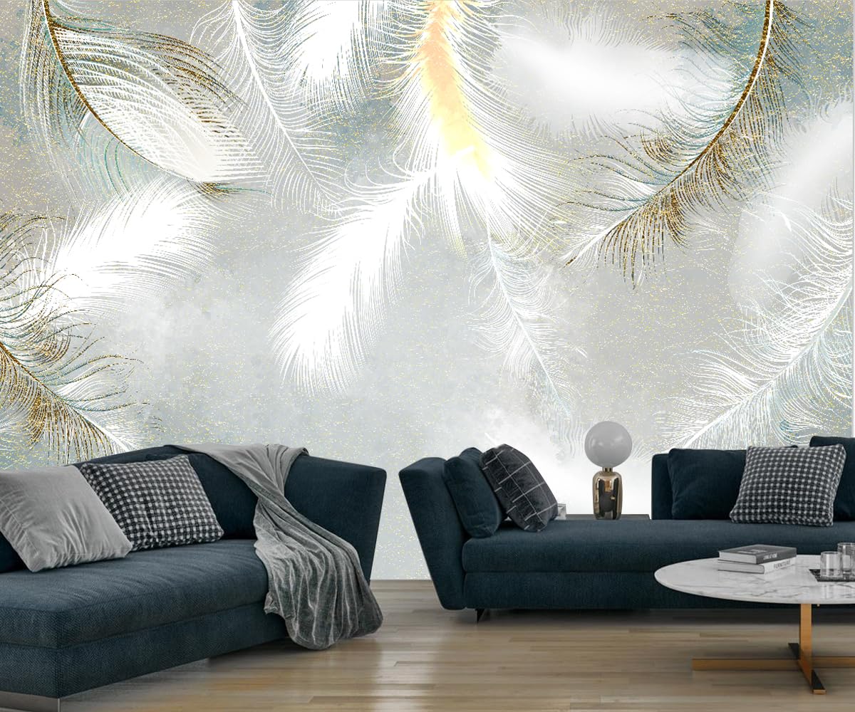 Papier Peint Panoramique 3D Soie, 356 x 250 cm Plume Blanche Simple Grandes Murales Poster, Tapisserie Panoramique pour Salon, Adulte Chambre d'enfants Décoration