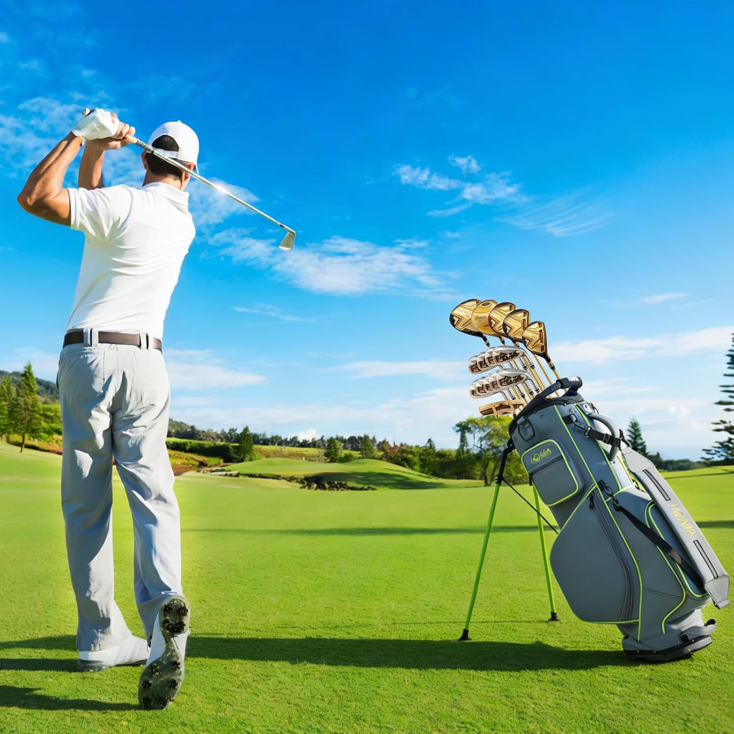 Honma Golf Stand Bag Lightweight,Premium PU Leather Golf Bag for Men Women with 5-Way Full-Length Divider, Dual Strap, Ideal for Carrying or Push Cart