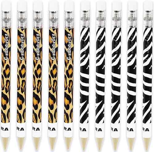 Zebra Cadoozle - Mini lápiz mecánico 0028in de plomo Novedad estampado de cebra y guepardo Paquete de 10