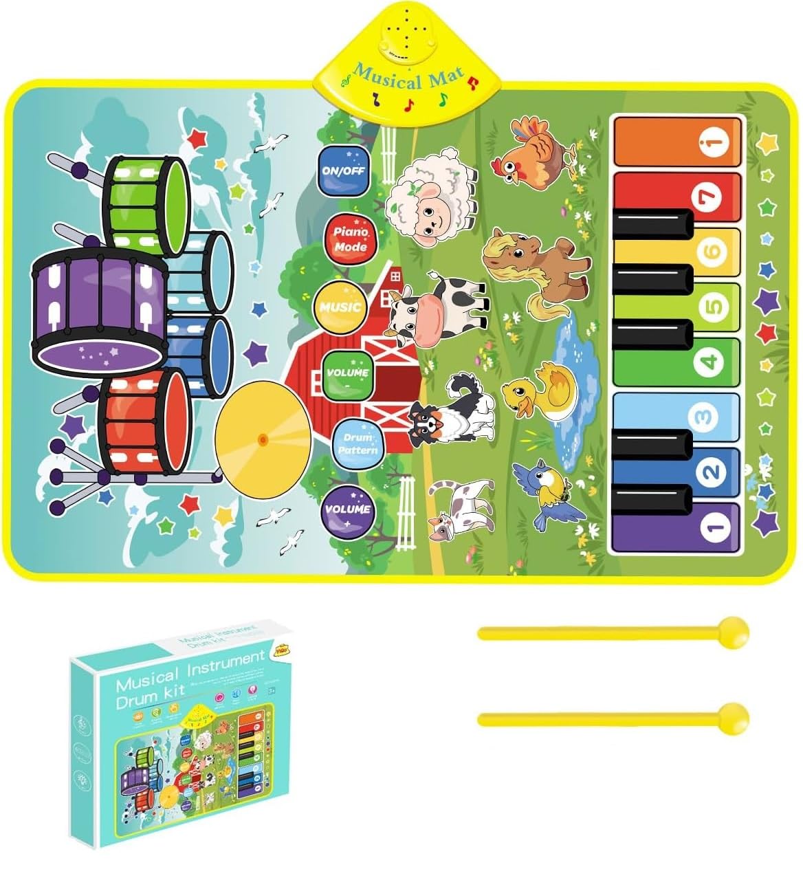 Bestie toys 3-in-1 Piano Mat for Toddlers, Piano & Drum Mat with 2 Sticks, Featuring Animal, Piano, and Drum Sounds, Educational Toy for 12 Months+, Ideal for 1-3 Year Toddler-image-39