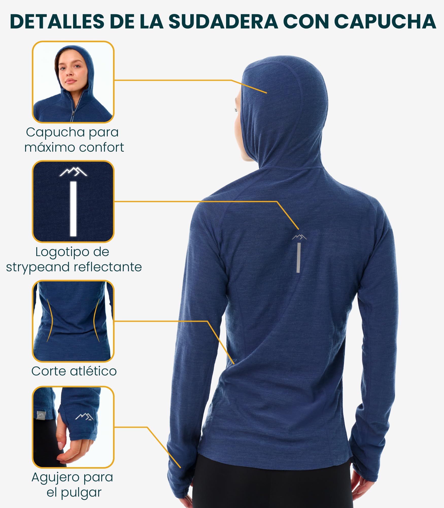 Merino.tech Sudadera Mujer Capucha- 100%Lana Merino + Calcetines | Cuello alto, para montaña. Capa media cálida, no pica, antiolores, transpirable