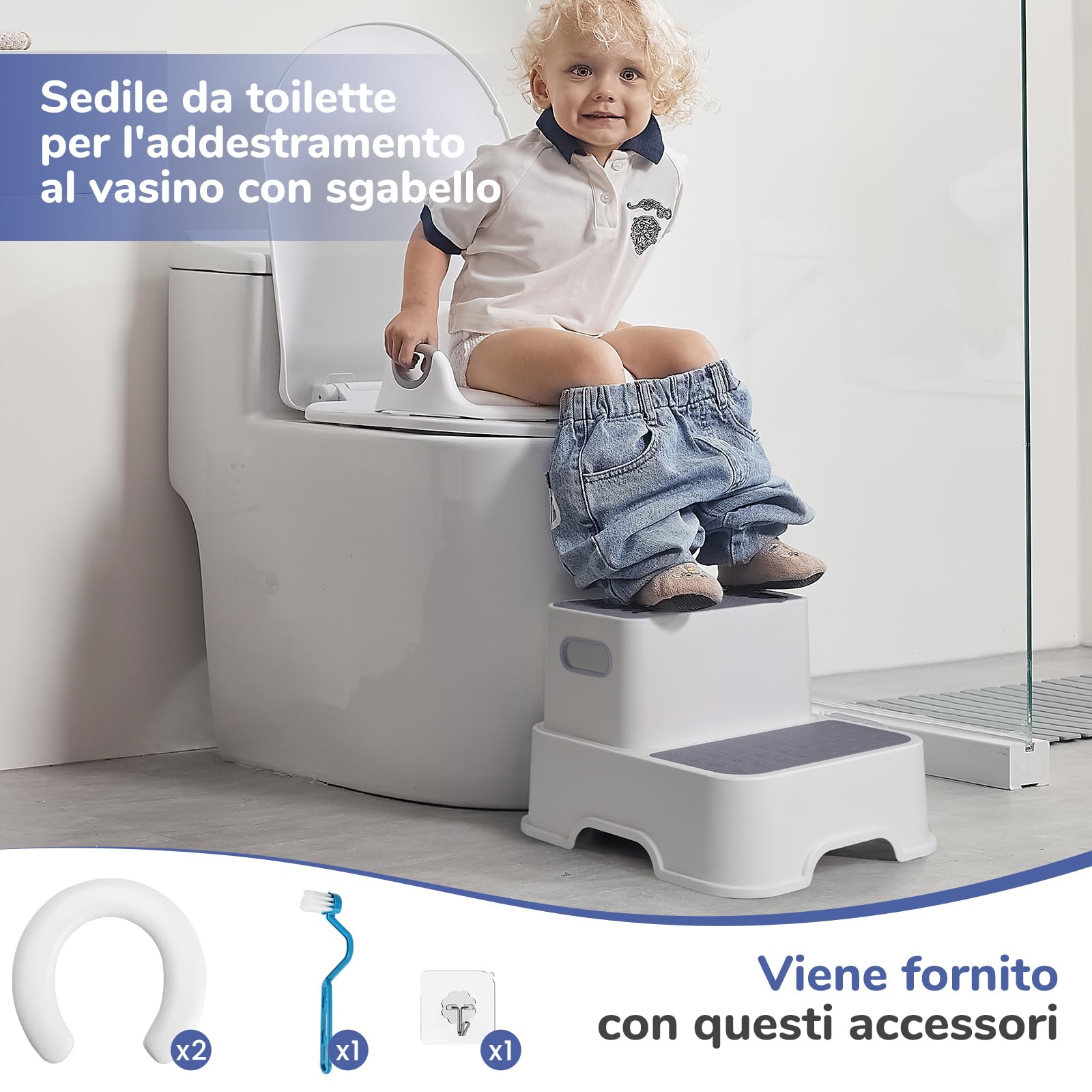 DEANIC Riduttore WC Bambini per Ragazzi e Ragazze, Riduttore WC per Bambini con Scaletta, Adatto per Bambini da 1 a 6 Anni, con 2 Cuscini e 1 Spazzola (Grigio)