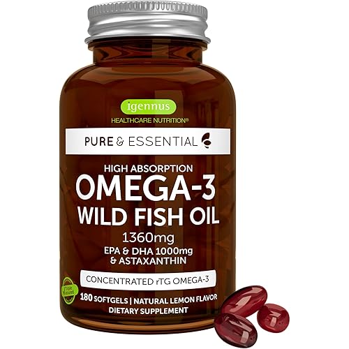 Igennus Ultra Pure Omega 3 Triglyceride rTG Wild Fish Oil 1360mg, IFOS Certified, EPA DHA 1000mg Plus Astaxanthin, Non-GMO, for Men & Women, 180 Softgels