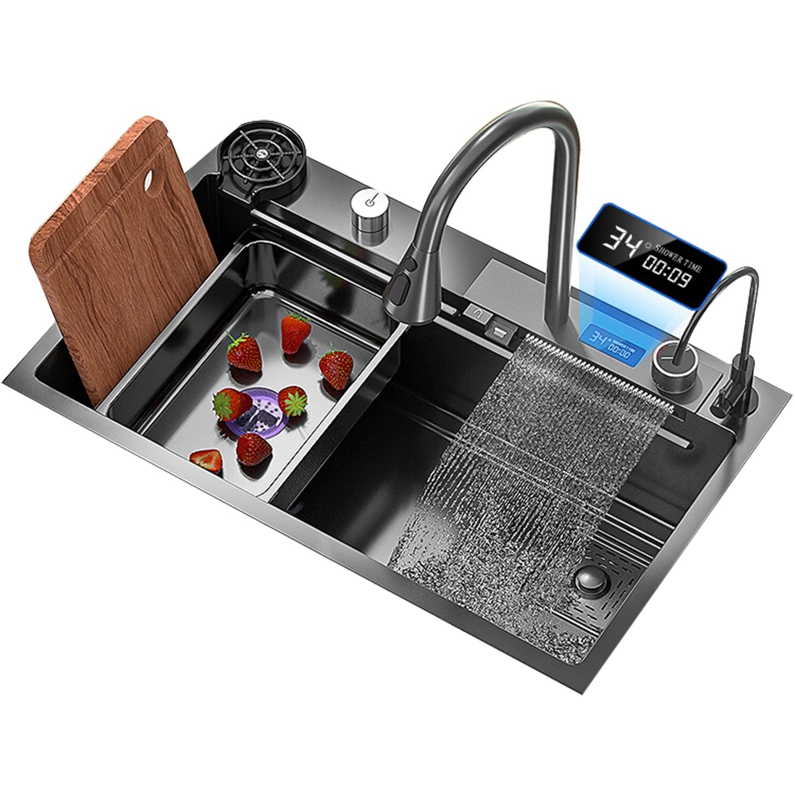 SDdPulse Kitchen Sink Digital Display Raindance Waterfall Sink Undermount Or Drop-in Kitchen Sink with Drain Kit Glass Rinser Cutting Board and Soap Dispenser,Black-75x46x22CM