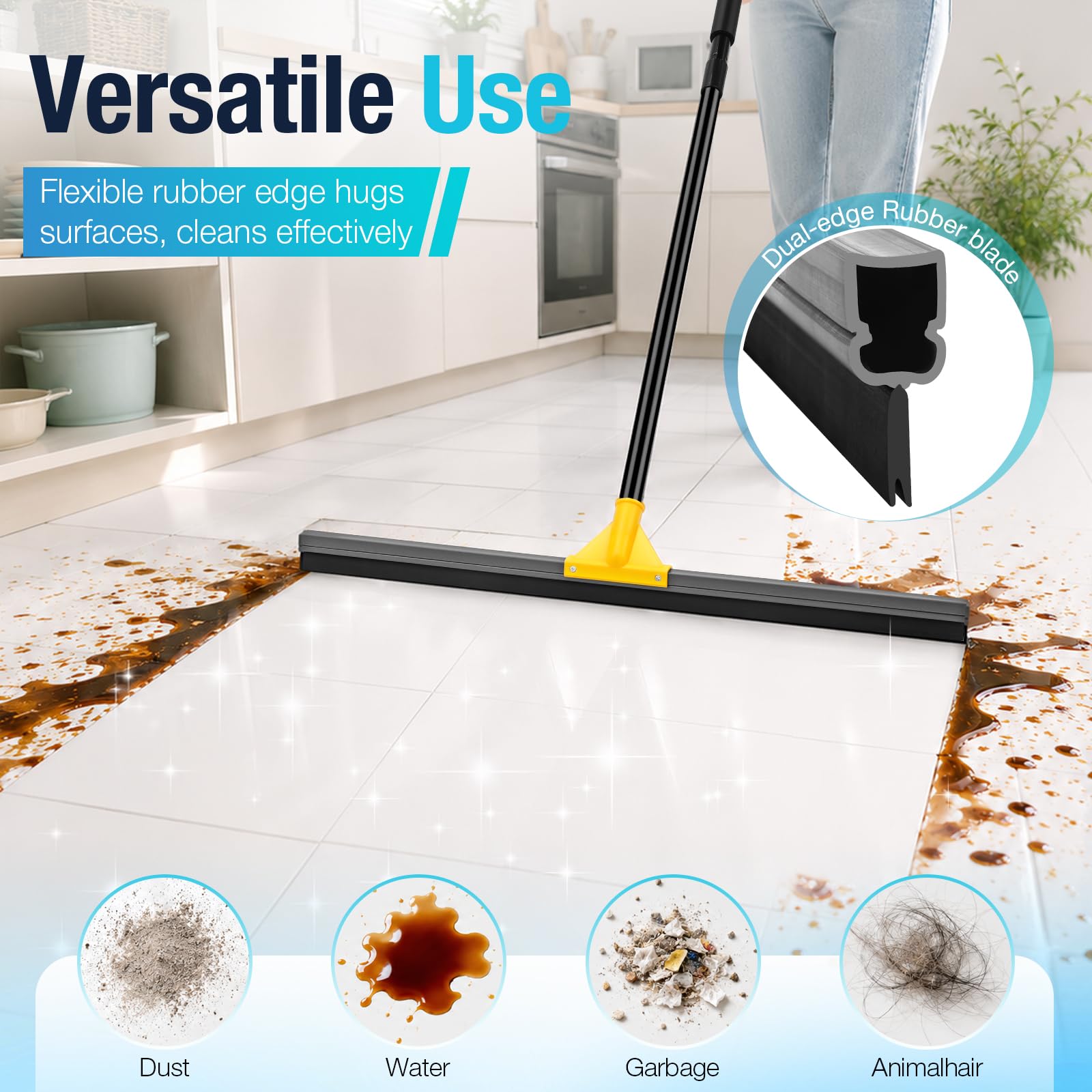 Escobilla de goma de 24 pulgadas para suelo de hormigón, escoba grande resistente con mango largo de 57 pulgadas, fregona de goma para azulejos, suelos epoxi, ventana, ducha, patio, piscina, hogar