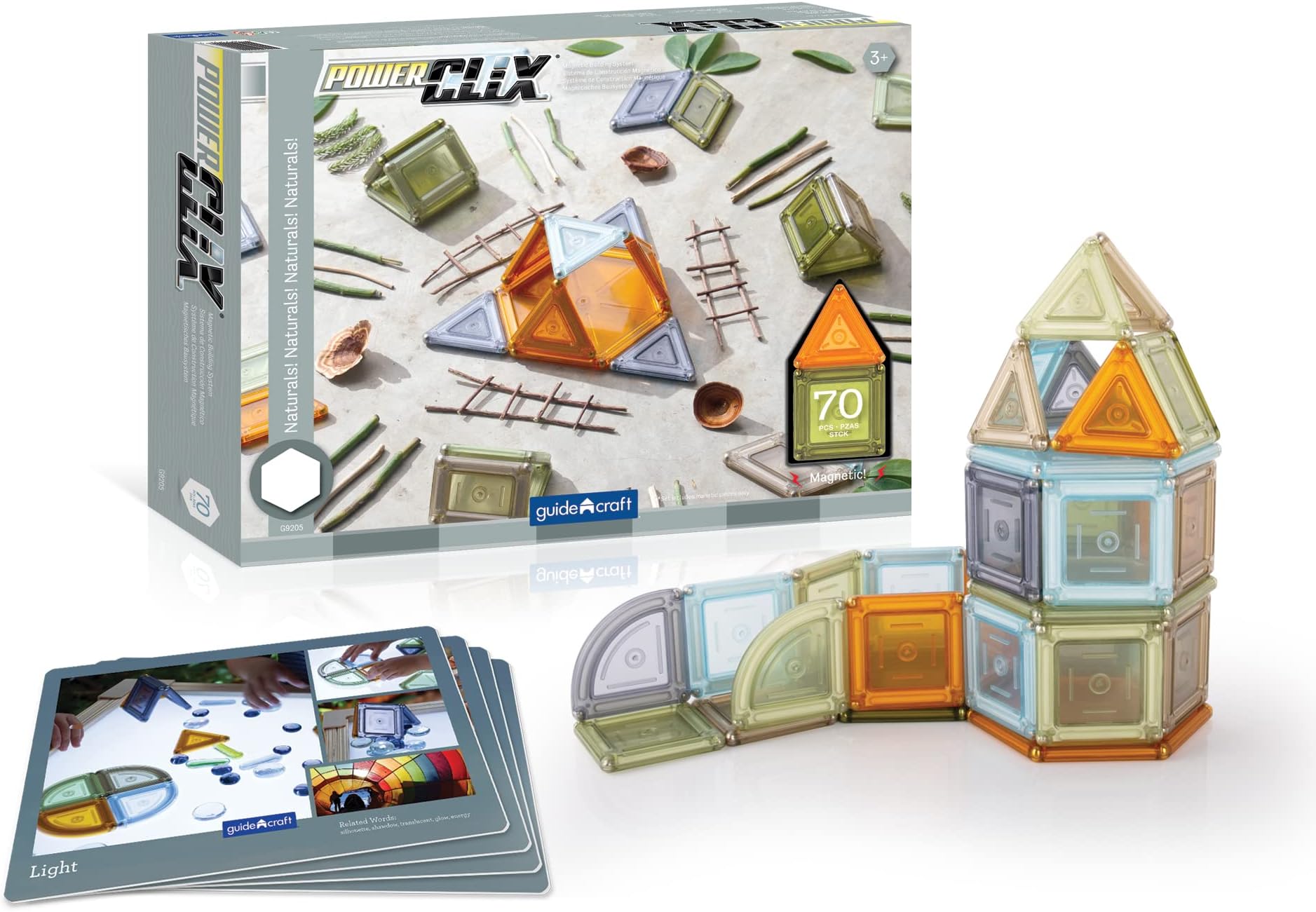 GuidecraftPowerClix Solids Natural - 70 Piece Set: STEM Magnetic Educational Construction Building Blocks with Inspiration Cards for Kids, Develop Motor Skills & Creativity