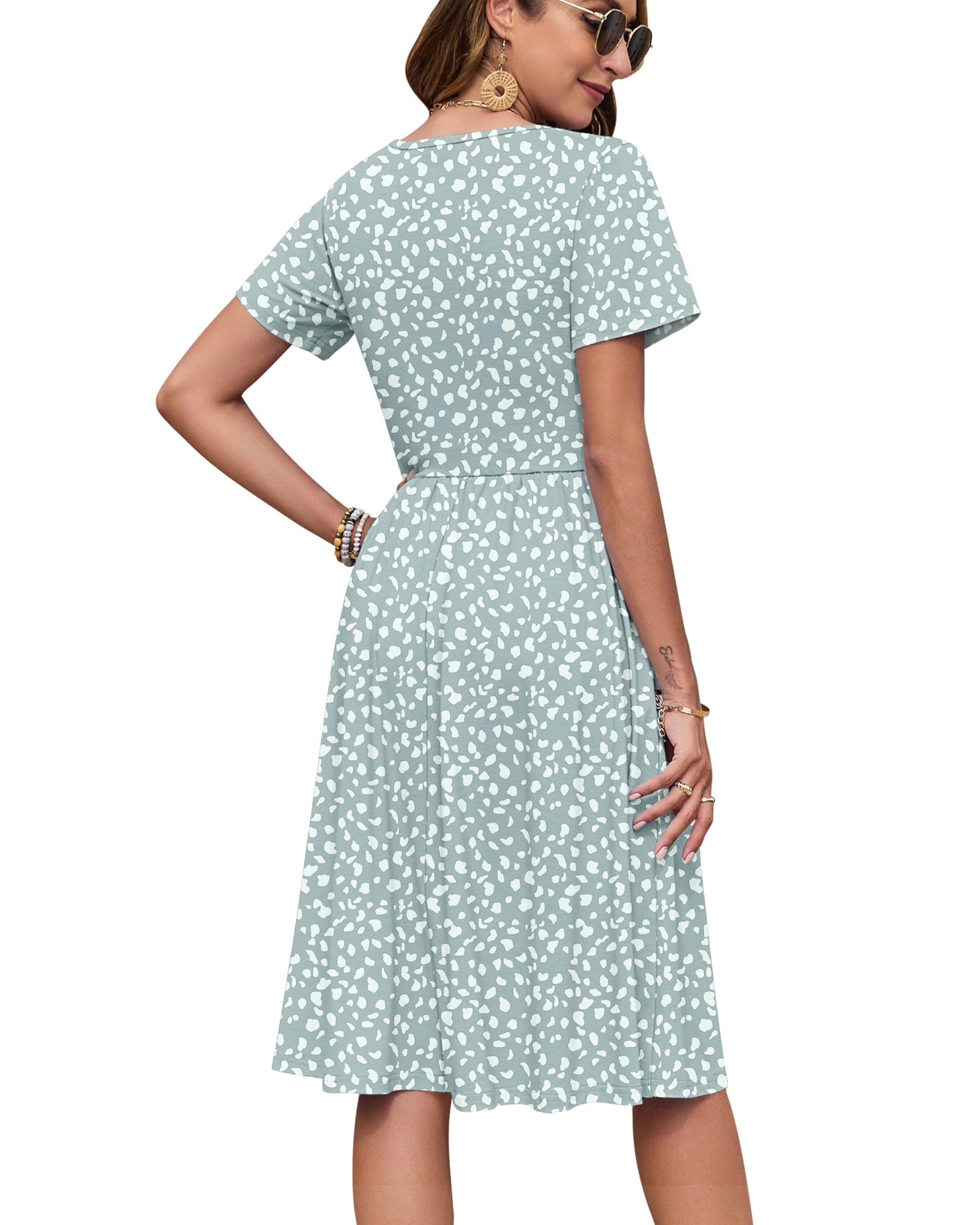 AUSELILY Vestido Verano Manga Corta Mujer Largo hasta La Rodilla Estilo Imperio Informal con Cuello en V Plisado y Bolsillos