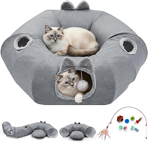 Odoland Túneles de lino de verano para gatos de interior con cama central de enfriamiento, juguetes interactivos para gatos, tapete suave Gris