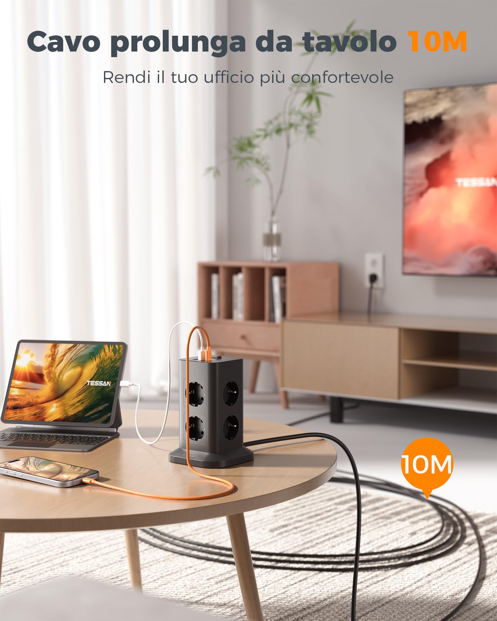 TESSAN 8 Prese Ciabatta Multipresa con USB, Multipresa Elettrica con Prolunga Elettrica 10 Metri, Presa Verticale Protezione Sovratensione, 3600W Ciabatta con Interruttore, Nera
