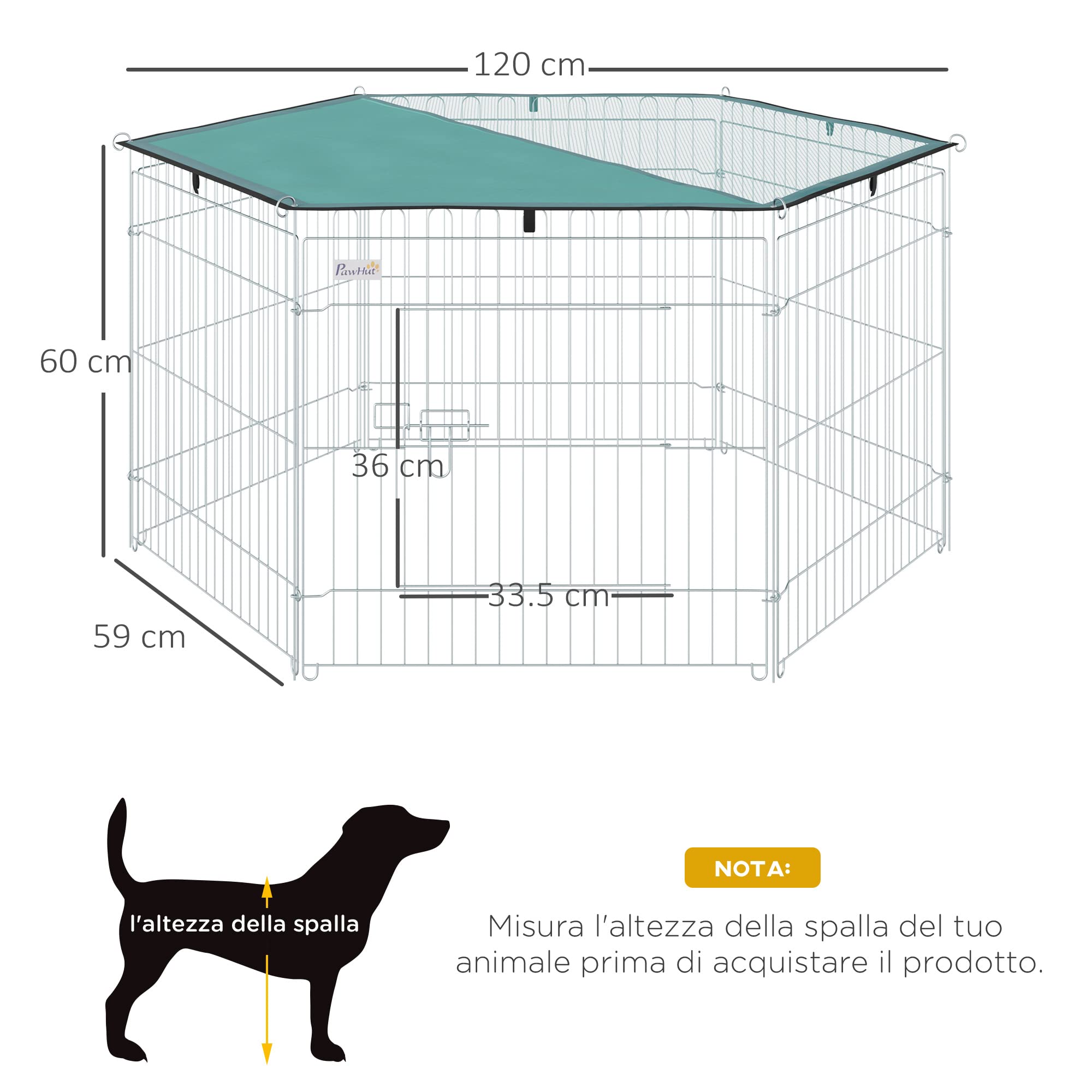 PawHut Recinto Pieghevole per Cani e Cuccioli in Filo Metallico (120cm x 60cm) con Copertura in Poliestere Impermeabile