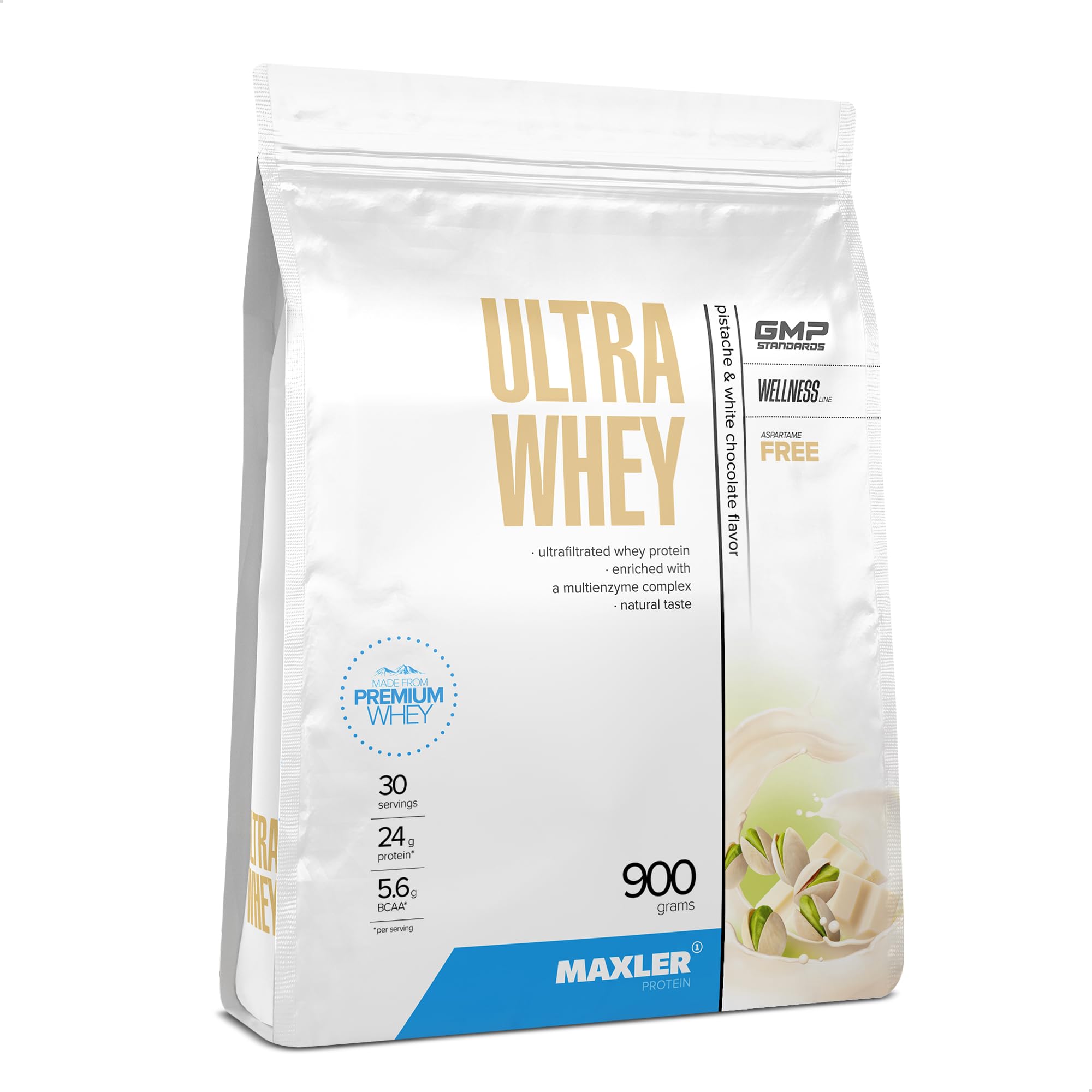 Maxler Ultra Whey Protein - 24 g Protein pro Portion - Whey Protein Pulver - Molkenprotein-Konzentrat, Molkenprotein-Isolat, Molkenprotein-Hydrolysat - Mit BCAA - Pistazie & Weiße Schokolade - 900g