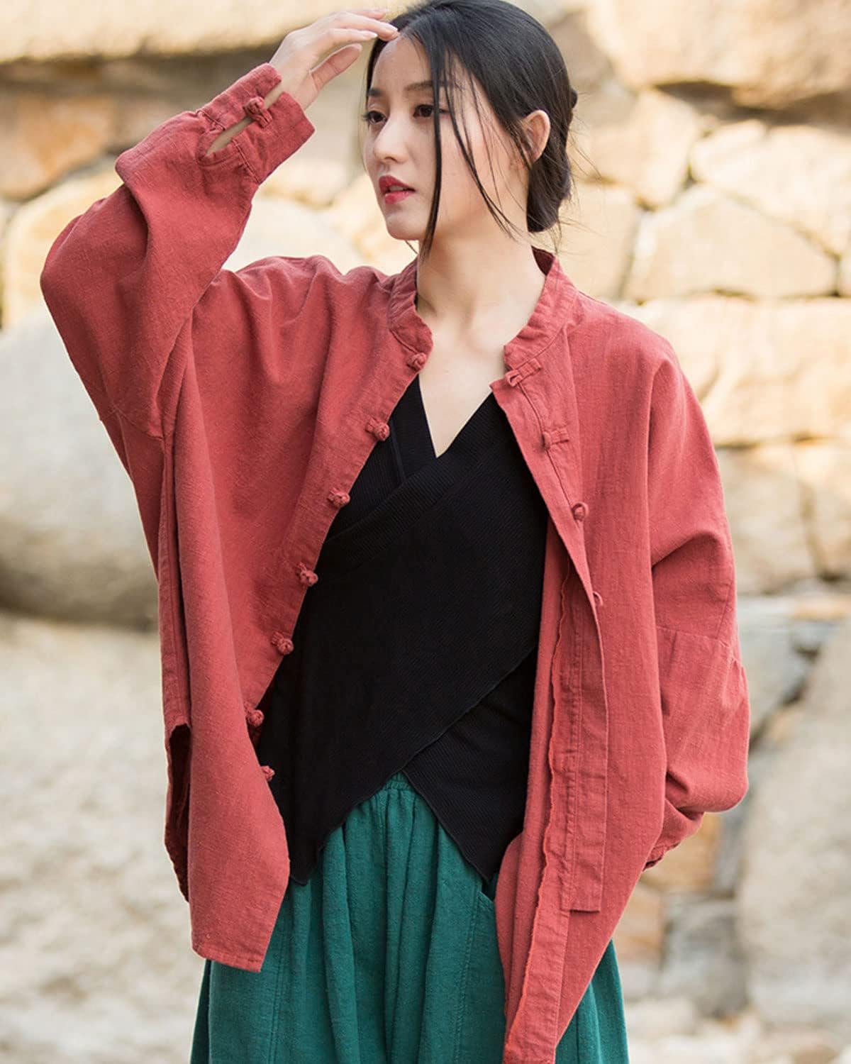 Women's Linen Oversized Blouses Vintage Long Sleeve Jackets Loose fit Chinese Frog Shirts - Image 2