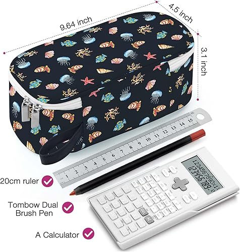 Miniatura 2 de Jcocylse Estuche portátil de gran capacidad para lápices, suministros escolares para estudiantes universitarios, niñas, niños y adultos (vida marina)