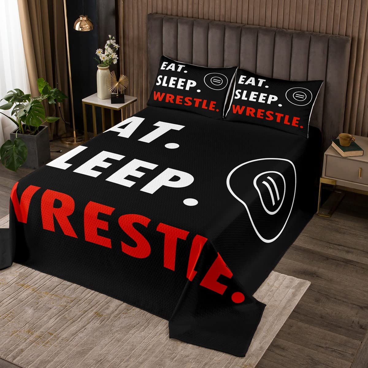 Wrestling Sports Quilt Bedding Set Queen Size,Eat Sleep Wrestle Themed Bedspread Coverlet for Girls Teens,Wrestle Rodeo Black Red Soft Polyester Quilt Set, All Season