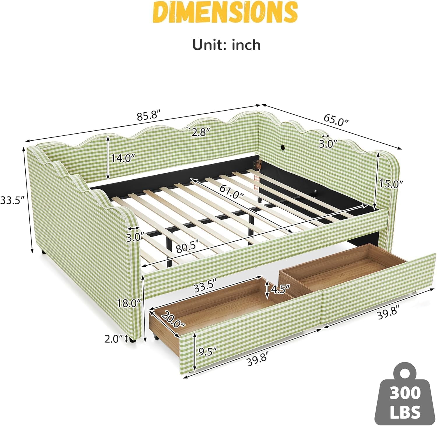 Queen Size Upholstery Daybed with 2 Storage Drawers and USB, Gingham Daybed Queen Size Day Bed for Bedroom Living Room Guest Room, No Box Spring Required, Green