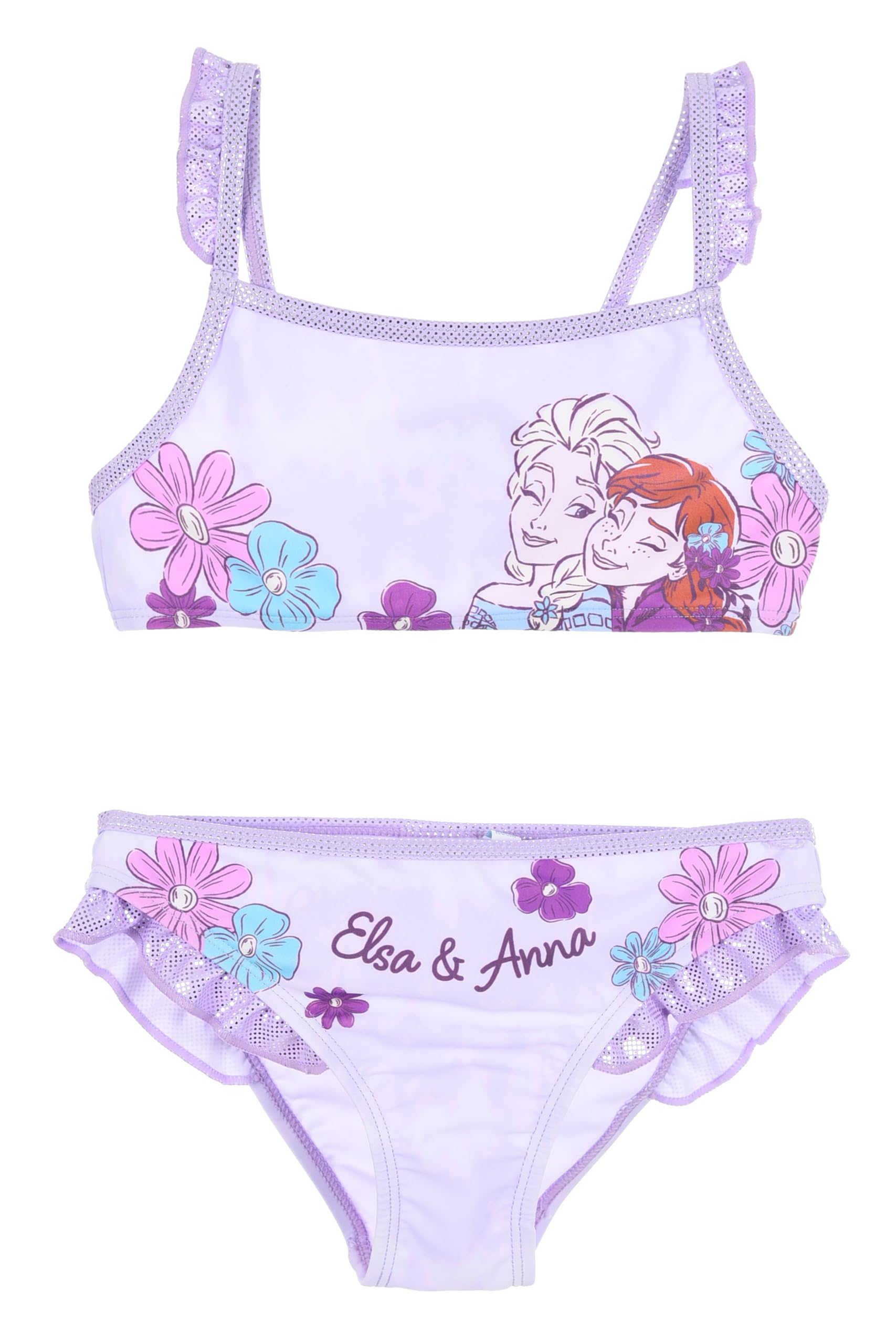 Disney Costume da Bagno Bikini 2 Pezzi per Bambine Frozen, con Elsa e Anna, Decorazioni Floreali e Volant