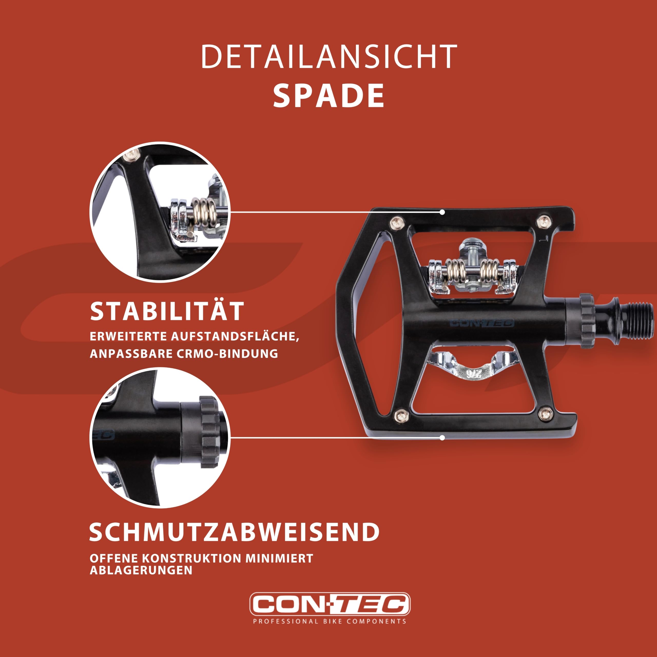 CONTEC Fahrrad-Systempedale Spade, 9/16", Aluminium, kompakt, MTB-Klickpedal mit SPD-System, Flexibel Einstellbar, Robuste Qualität, Schwarz, Paar