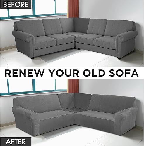 Miniatura 3 de 3 fundas de sofá en forma de L para sofá seccional, fundas de sofá esquinero, elásticas, lavables de 5 asientos, fundas de sofá esquinero de seda de