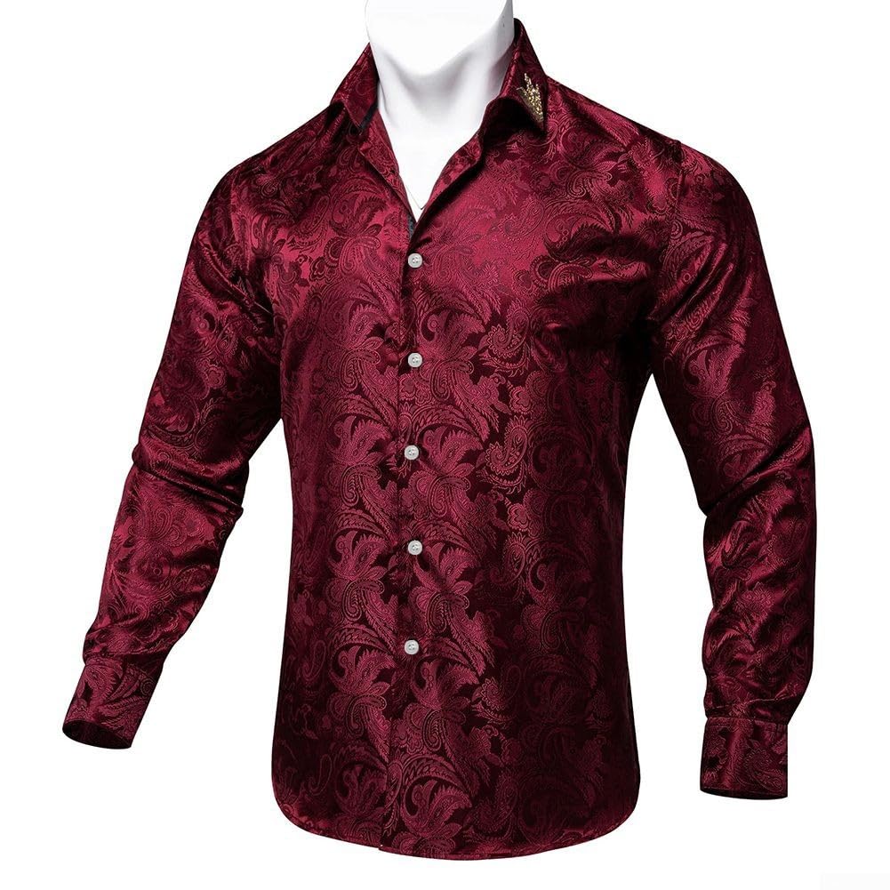 Chemise formelle à manches longues en soie pour homme pour smoking, mariage et fête (taille L) Rouge