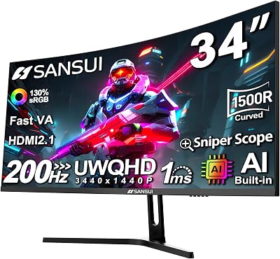 SANSUI 34-Inch Curved Gaming Monitor UWQHD 3440 x 1440P Up to 200Hz 165Hz Curved 1500R - PIP/PBP, OD 1ms, HDR, 300nits, sRGB 130%, DCI-P3 97%,AI Crosshair,HDMI2.1x2,DP1.4(Cable Included)