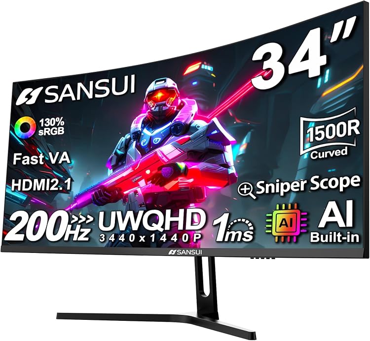 SANSUI 34 Inch Curved Gaming Monitor UWQHD 3440x1440 200Hz 1500R HDR