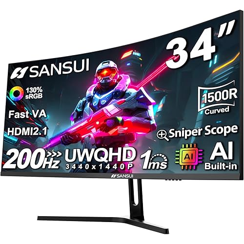 SANSUI 34-Inch Curved Gaming Monitor UWQHD 3440 x 1440P Up to 200Hz 165Hz Curved 1500R - PIP/PBP, OD 1ms, HDR, 300nits, sRGB 130%, DCI-P3 97%,AI Crosshair,HDMI2.1x2,DP1.4(Cable Included)