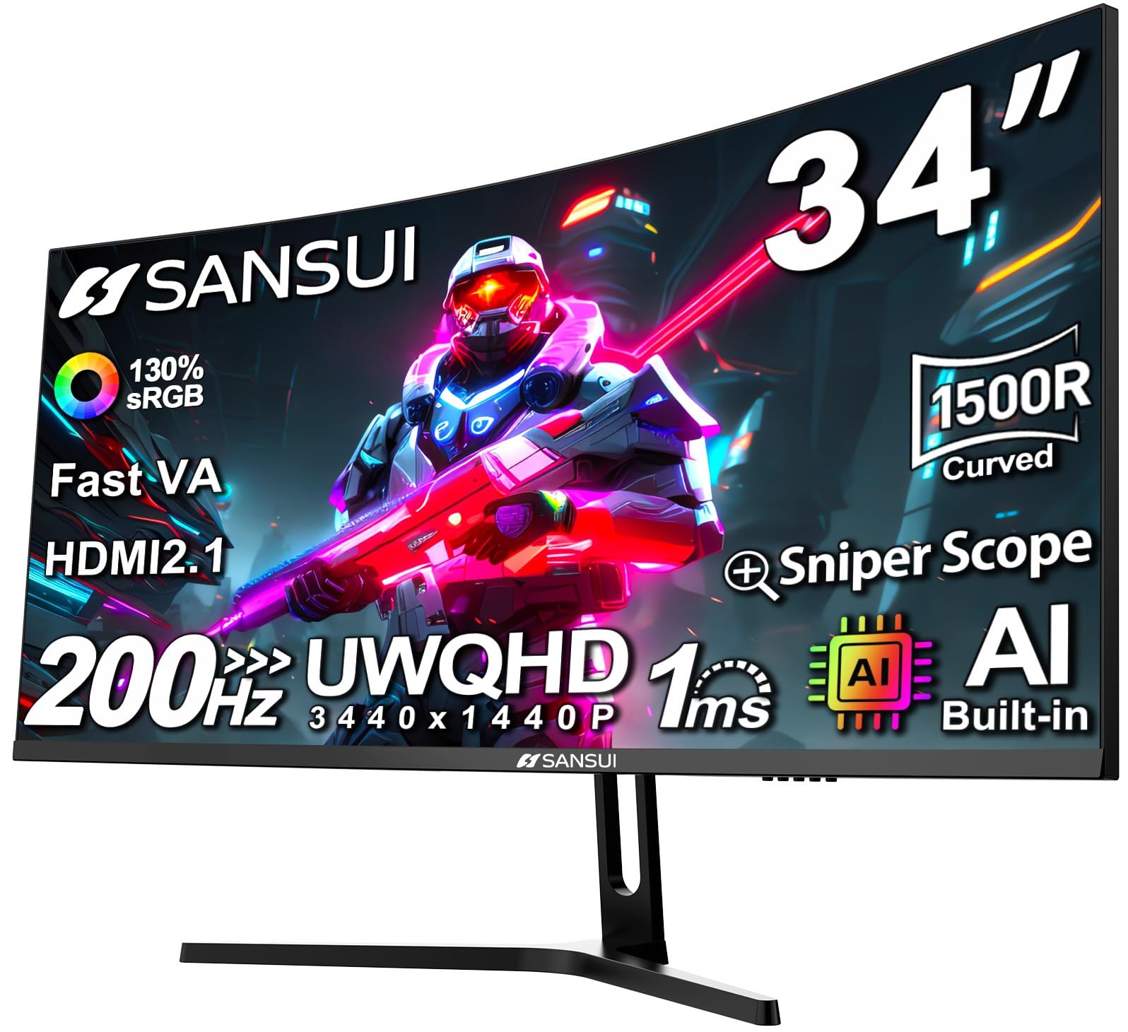 Photo 1 of **MAJOR DAMAGE TO SCREEN-NO REFUNDS OR RETURNS**SANSUI 34-Inch Curved Gaming Monitor UWQHD 3440 x 1440P Up to 200Hz 165Hz Curved 1500R - PIP/PBP, OD 1ms, HDR, 300nits, sRGB 130%, DCI-P3 97%,AI Crosshair,HDMI2.1x2,DP1.4(Cable Included)
