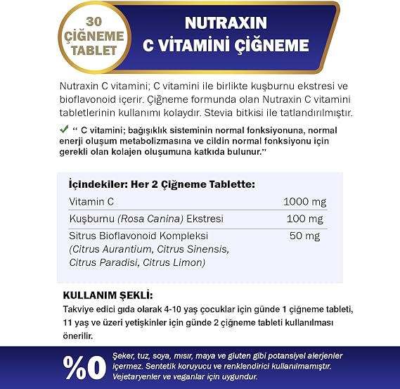 Nutraxin Chewable Vitamin C 500 mg | Çiğnenebilir Form | Şeker ve Gluten İçermez | 30 Tablet