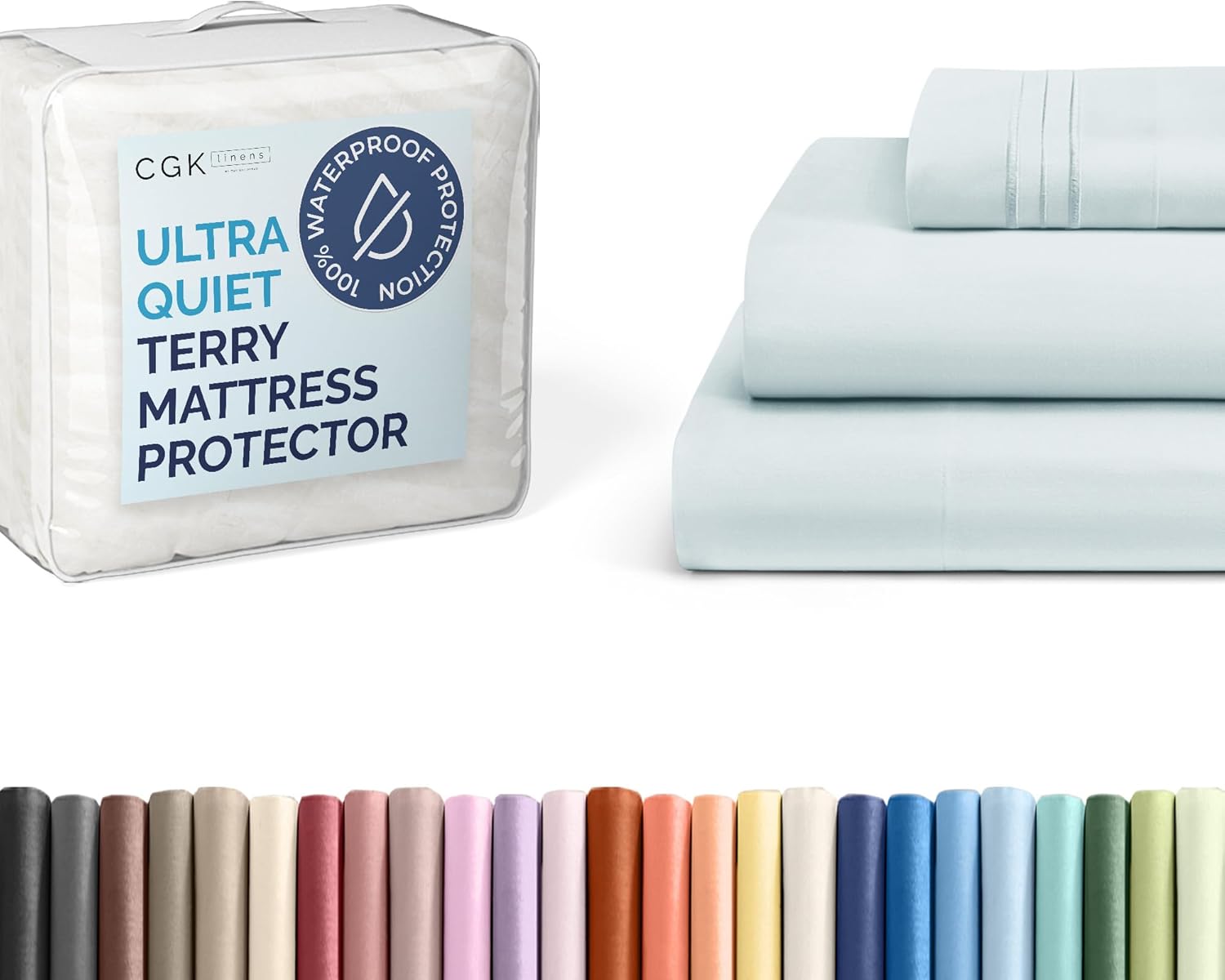 CGK Unlimited Twin Size 3 Piece Ice Blue Sheet Set + Twin Size Terry Mattress Protector